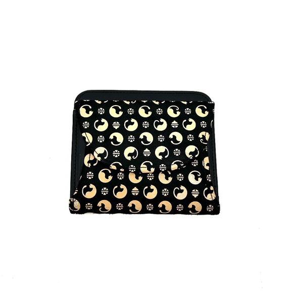 INDENYA Black Beige Cat Pattern Sarasa Japanese Small Leather Compact Wallet - Picture 1 of 10